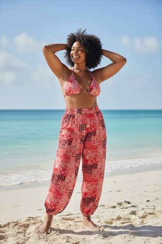 Red Patchwork Bikini Top & Straight Leg Pants Beach Set - photo 2