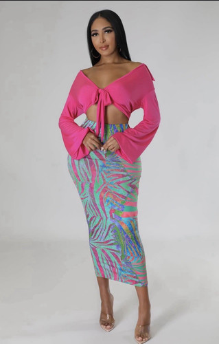 Pink Tie Front Crop Top & Abstract High Waist Skirt Set M