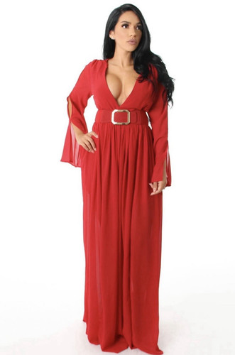 Red Maxi Dress Deep V-Neck Flared Long Sleeve Belted Size L