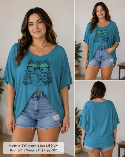 Women's Blue Graphic Print Scoop Neck Pullover T-Shirt Size M