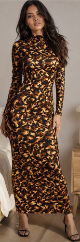 Leopard Print Bodycon Maxi Dress High Neck Long Sleeve S