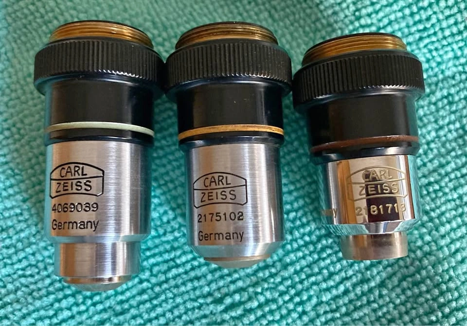 Vintage Carl Zeiss Microscope Objectives Set (40x, 10x, 2.5x)