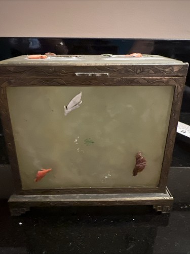 Antique Jade Box with Red Coral, Dark Green Jade, and Gilt