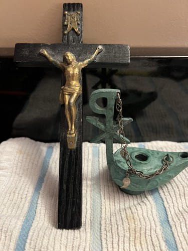 Antique Bronzed Oil Lamp Chi-Rho & Vintage Wood Cross