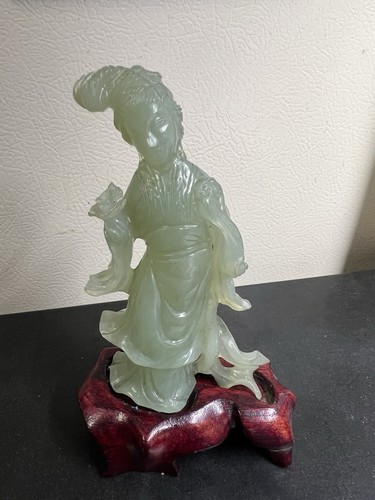Guanyin Figurine Hand Carved JADE Stone Vintage Statue