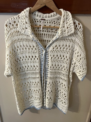 Free People S/S Crocheted Striped Blue Cardigan Sweater