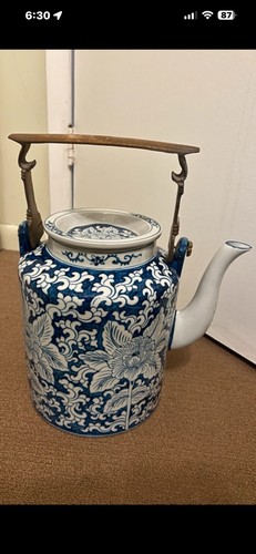 Vintage Large Blue & White Hand Painted Coffee Tea Pot Brass Han