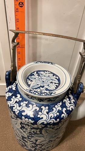 Vintage Large Blue & White Hand Painted Coffee Tea Pot Brass Han - photo 4