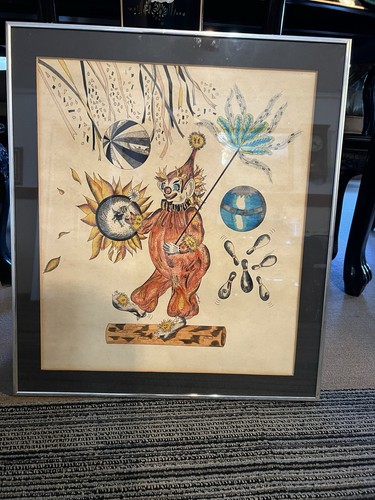 Vintage 1960-70 Circus Clown Pen Ink Hand Drawn Framed Picture