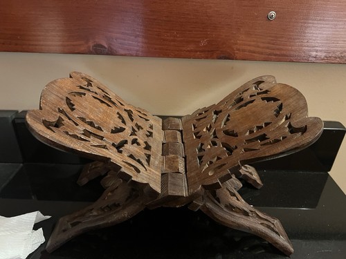Vintage Hand Carved Dark Wood Folding Book Stand