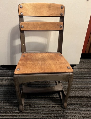 Vintage Elementary School Chair, wood seat and backrest, metal f