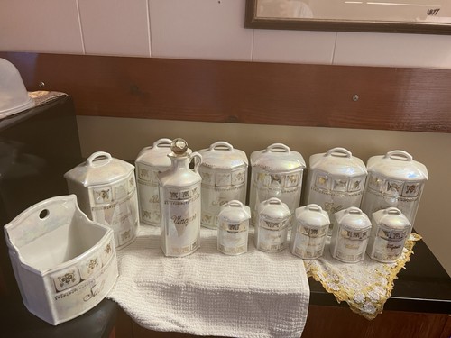 Antique White & Gold Block Germany Lusterware 13 PC Canister Set