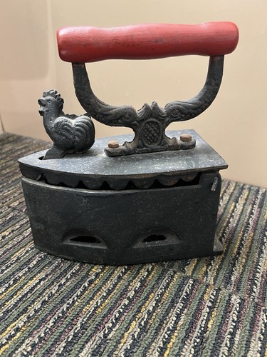 Antique Cast Iron Coal Iron with Wooden Handle & Rooster