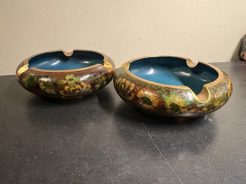 Vintage 2 Cloisonné Brass Ashtrays Floral Enamel