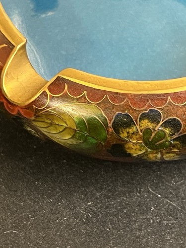 Vintage 2 Cloisonné Brass Ashtrays Floral Enamel - photo 3
