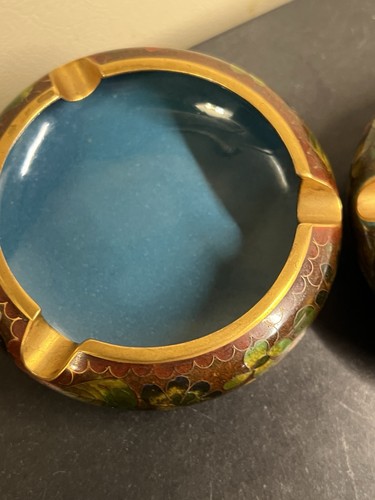 Vintage 2 Cloisonné Brass Ashtrays Floral Enamel - photo 4