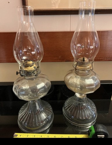 2 Antique Clear Etched Matching Glass Oil Lamp Pedestal Base