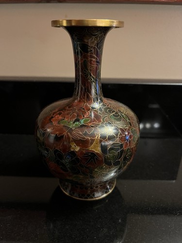 Vintage Enameled Chinese w/ Brown Green Red Cloisonne Vase 7”