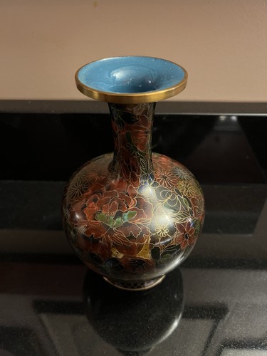 Vintage Enameled Chinese w/ Brown Green Red Cloisonne Vase 7” - photo 2