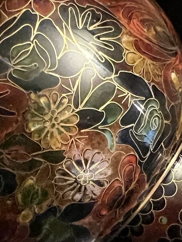 Vintage Enameled Chinese w/ Brown Green Red Cloisonne Vase 7” - photo 3
