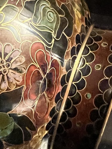 Vintage Enameled Chinese w/ Brown Green Red Cloisonne Vase 7” - photo 4