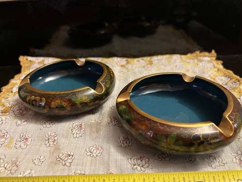 Vintage Cloisonné Brass Ashtray Floral Enamel 4”