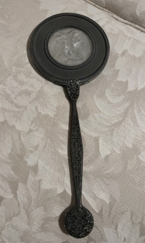 Antique Victorian Hand Held Mirror 3-D Frosted Glass Woman & Swa