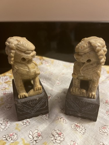 Vtg Pair of Chinese Hand Carved Soapstone Foo Dog Statues