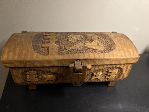 OOAK Hand Carved Wooden Box Rustic Folk Art Primitive Storage Ch