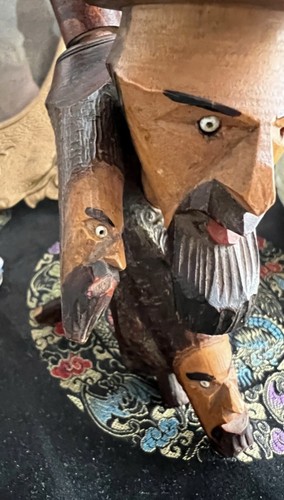 Vintage Hand Carved All Wood 3 Headed Pipe Folk Art