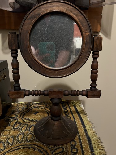 Antique Detailed Wood Vanity Shaving Mirror Carved Swivel
