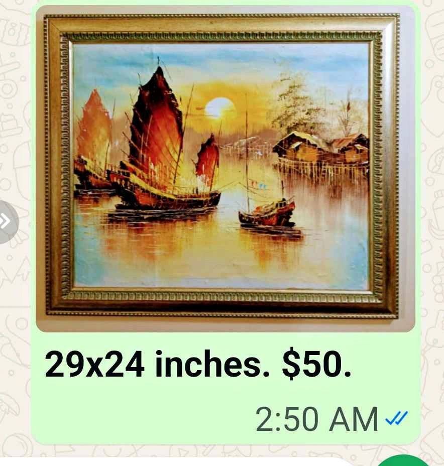 Antique Framed Sunset Boat Oil Painting 29x24