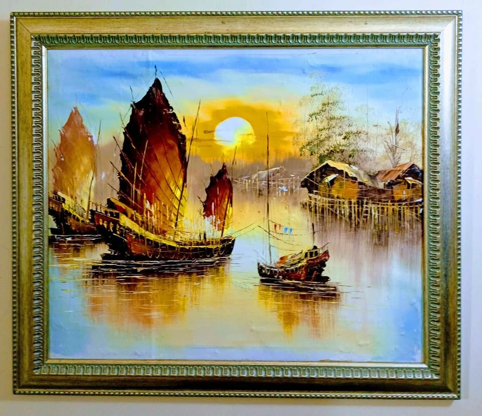 Antique Framed Sunset Boat Oil Painting 29x24 - photo 2