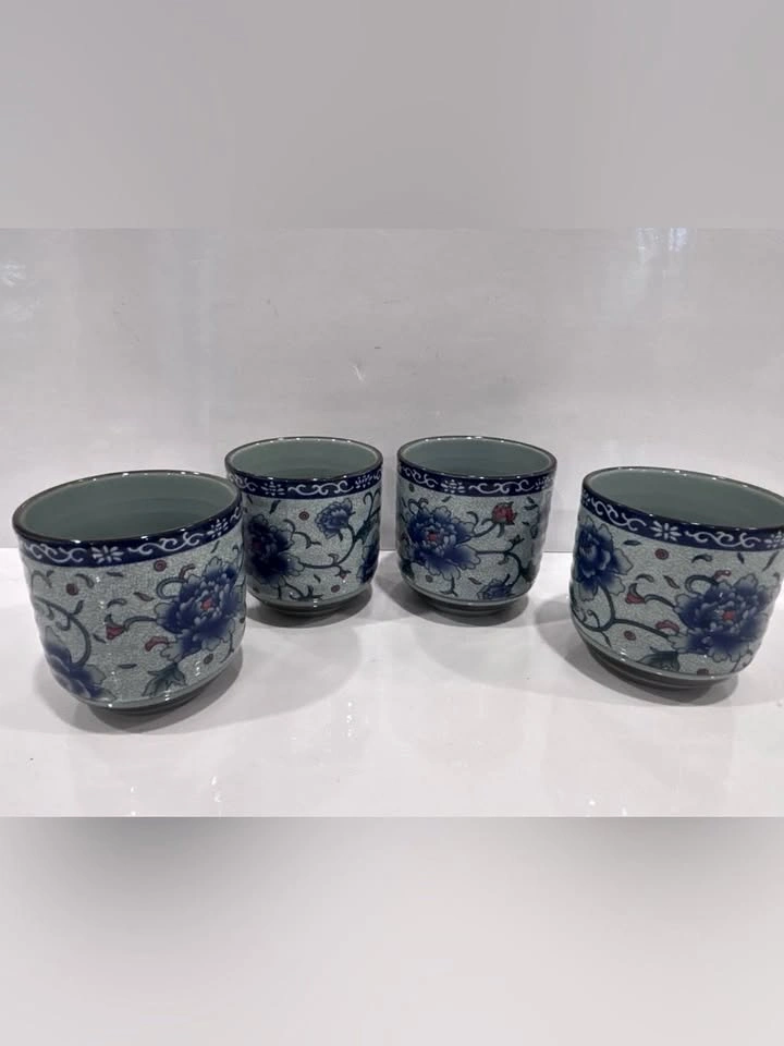 Vintage 4 Japanese porcelain yunomi tea cups blue peonies
