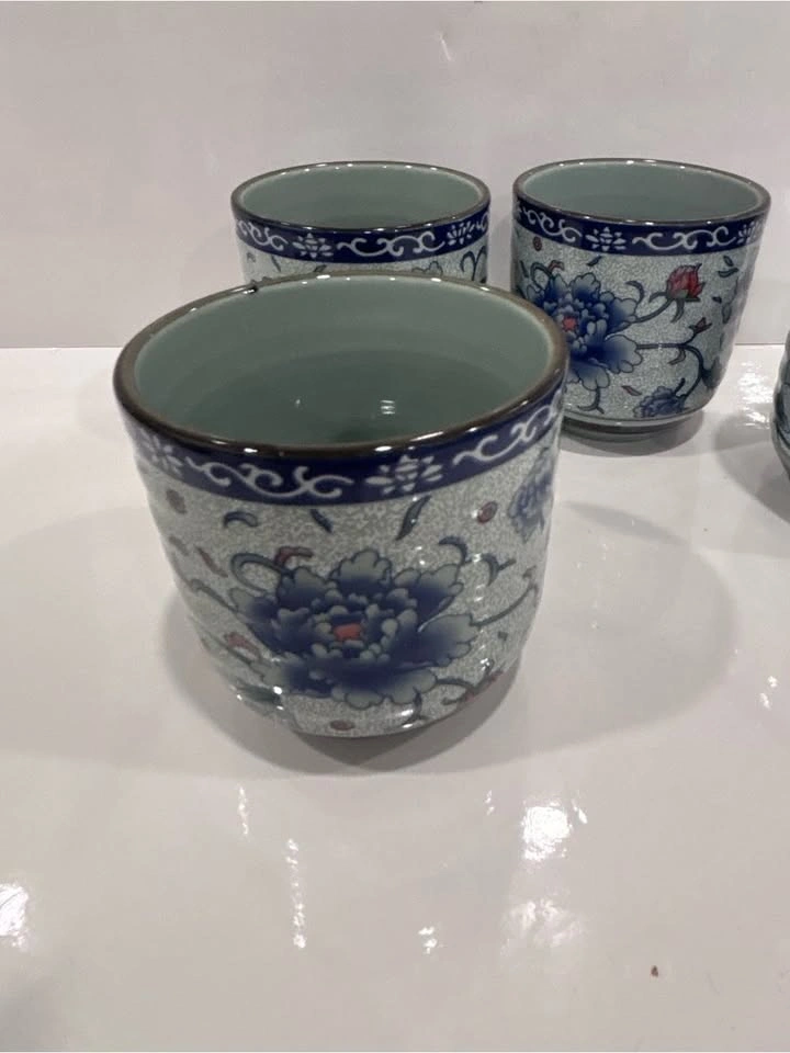 Vintage 4 Japanese porcelain yunomi tea cups blue peonies - photo 5