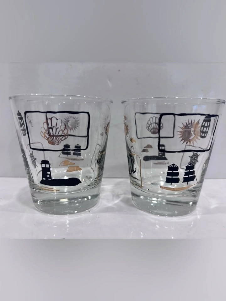 Vintage nautical themed lowball old fashioned glasses - pair