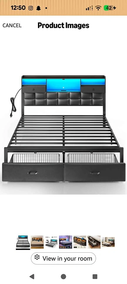King Metal Bed Frame with LED Storage Headboard and Drawers