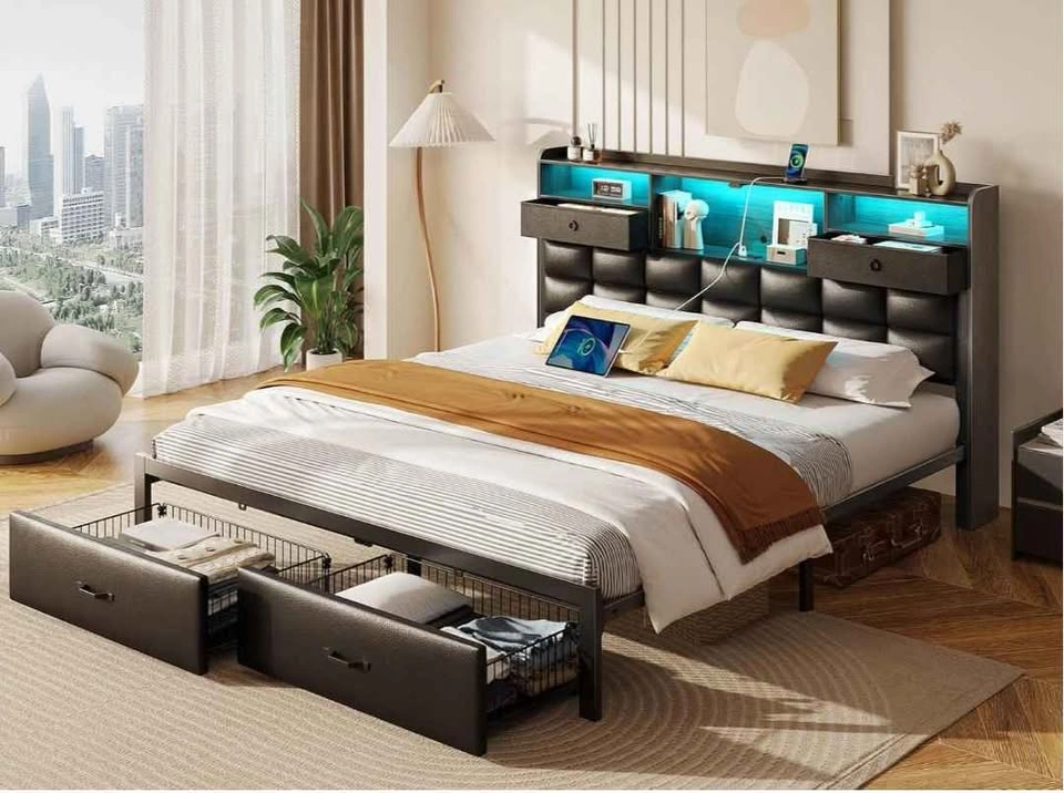 King Metal Bed Frame with LED Storage Headboard and Drawers - photo 2