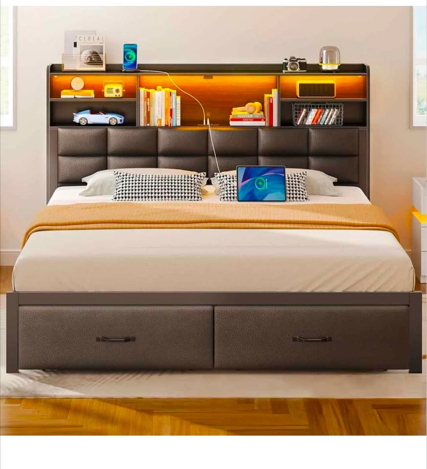 King Metal Bed Frame with LED Storage Headboard and Drawers - photo 3
