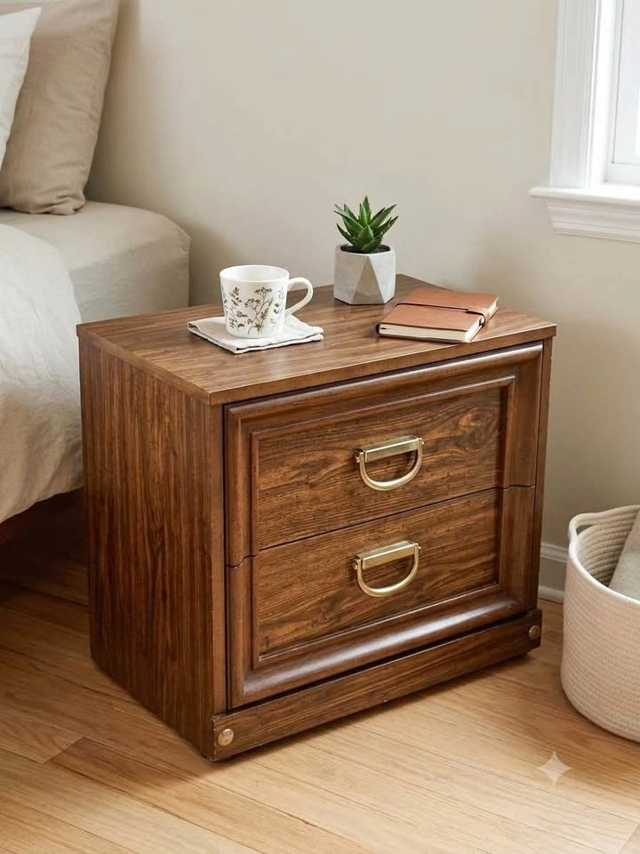 Mid-Century Vintage Wooden Nightstand w/ Brass Campaign Hardware