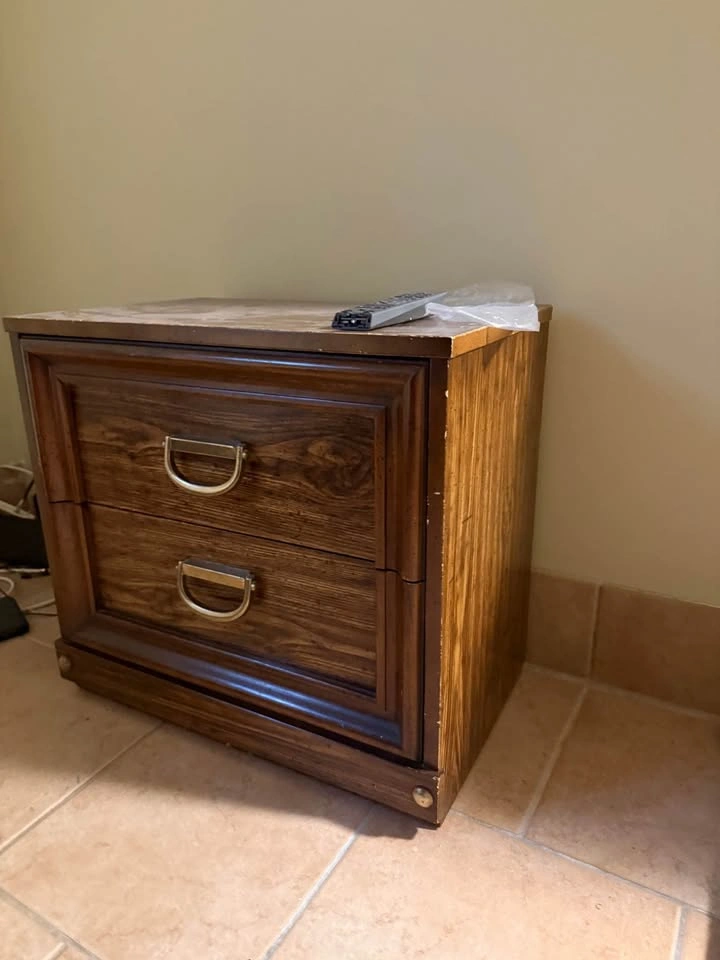 Mid-Century Vintage Wooden Nightstand w/ Brass Campaign Hardware - photo 2