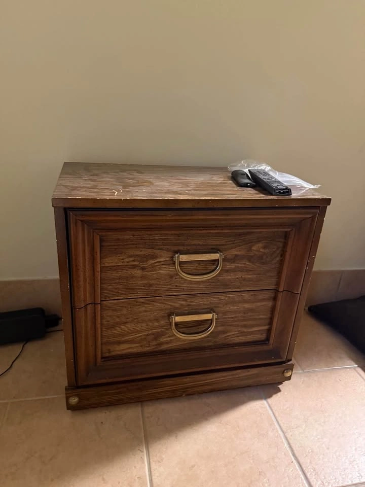 Mid-Century Vintage Wooden Nightstand w/ Brass Campaign Hardware - photo 3
