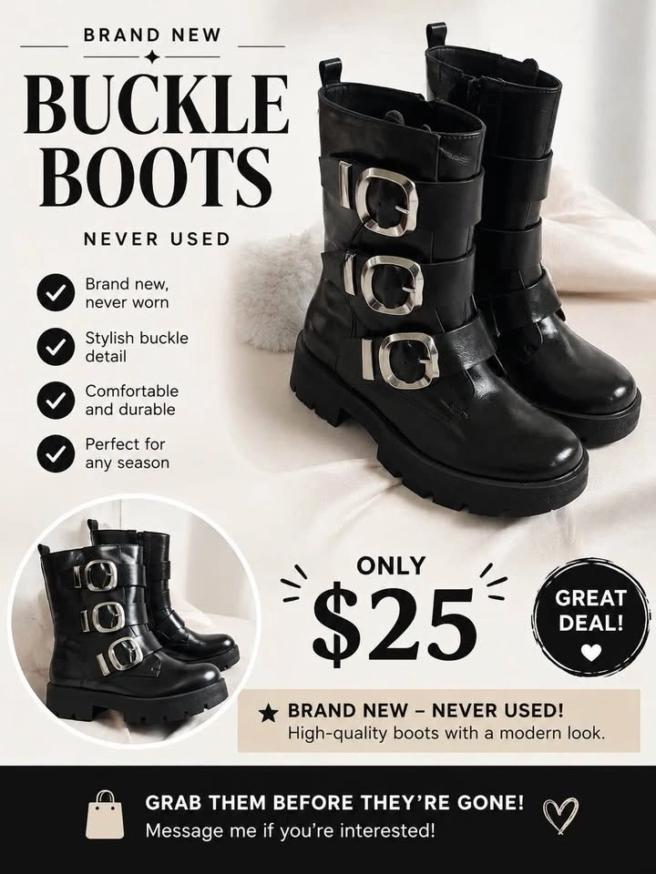 Brand New Black Buckle Boots – Size 8 – Only $25! - photo 2