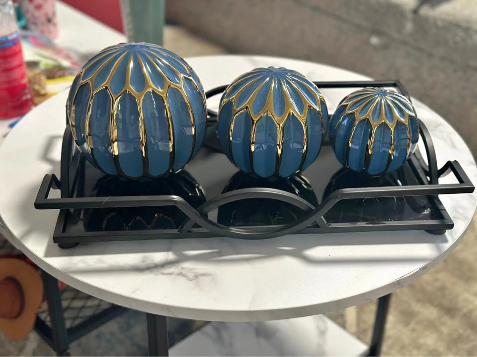 Glass Blue Gold Decorative Spheres with Black Tray