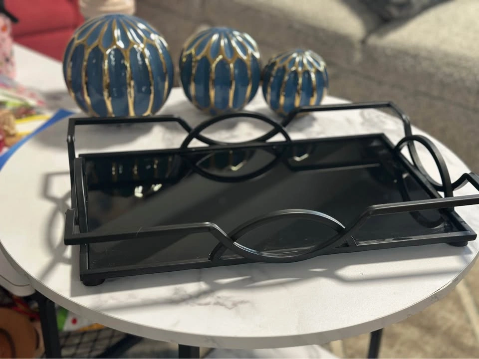 Glass Blue Gold Decorative Spheres with Black Tray - photo 2