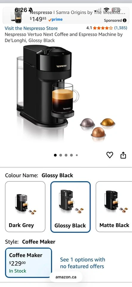 Nespresso Vertuo Next Coffee and Espresso Machine, Black