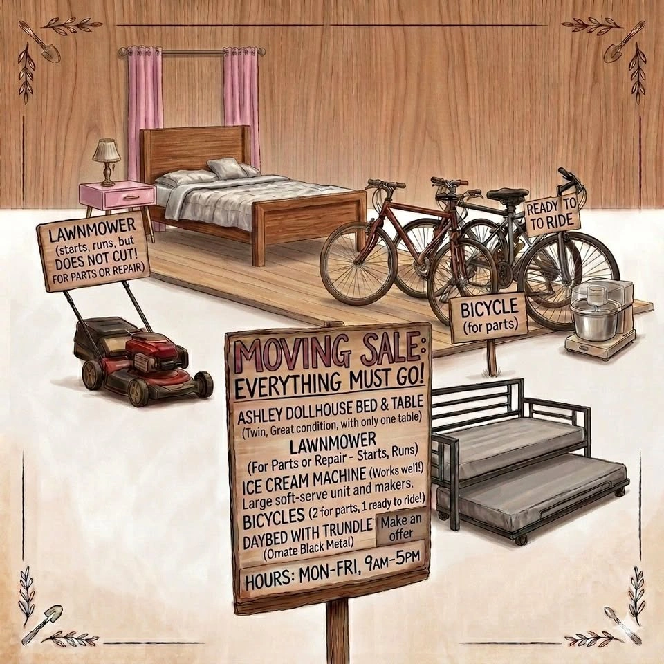 Moving Sale: Bikes, Furniture, Lawn Mower, and More