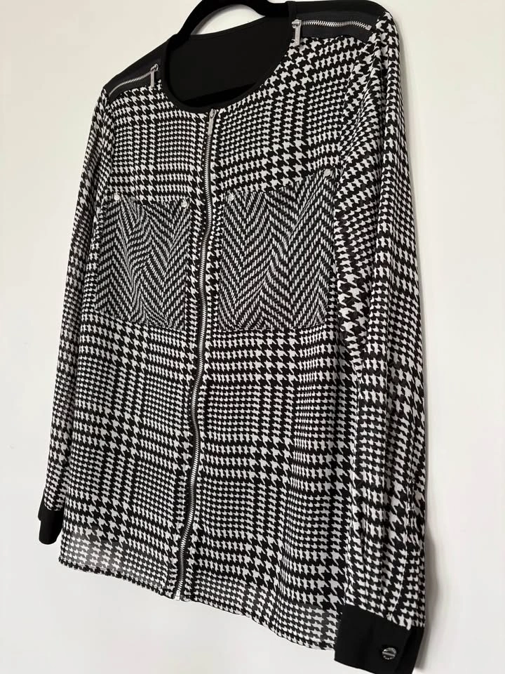 Black & White Houndstooth Zip Front Blouse - photo 2