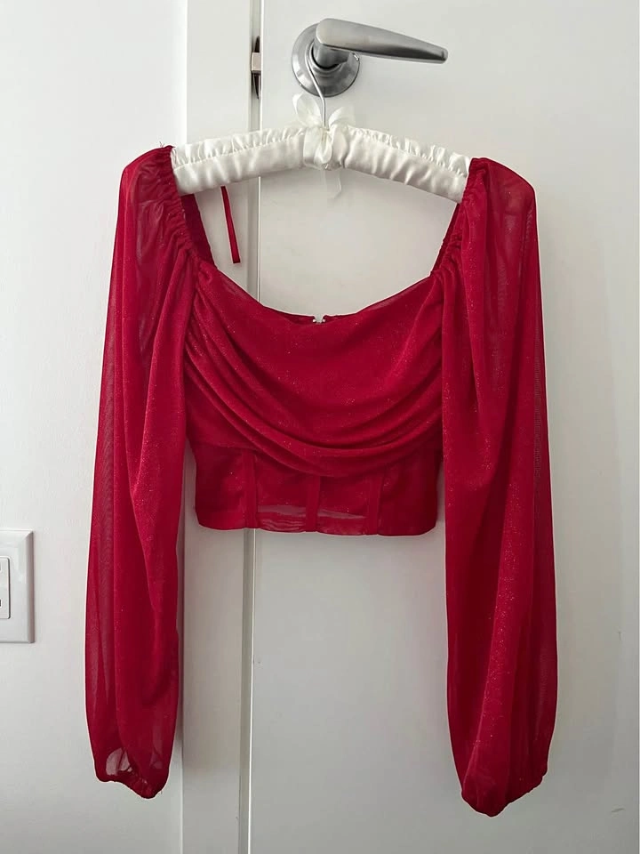 Red glitter long sleeve crop top