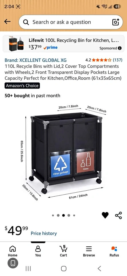 Fabric Recycle Bins with Lid and 2 Cover Top Compartments